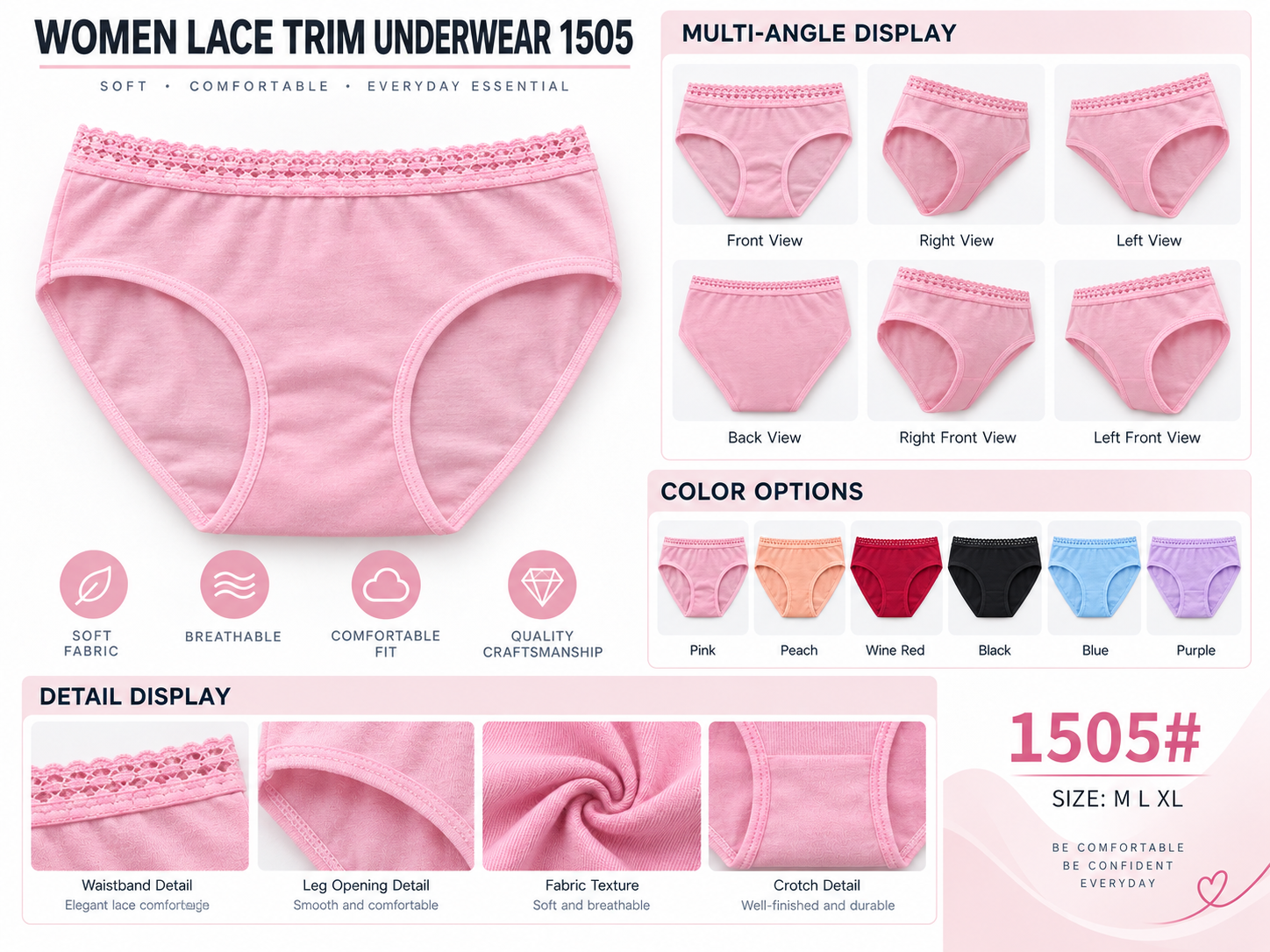 Women Lace Trim Underwear 1505