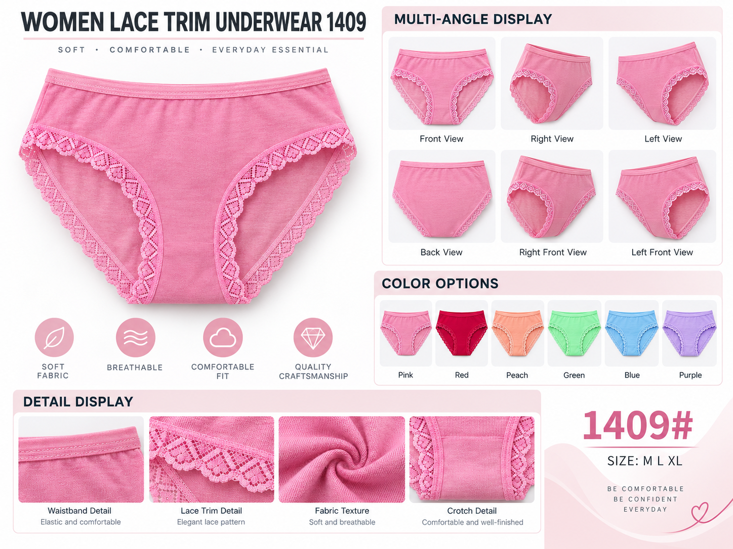 Women Lace Trim Underwear 1409