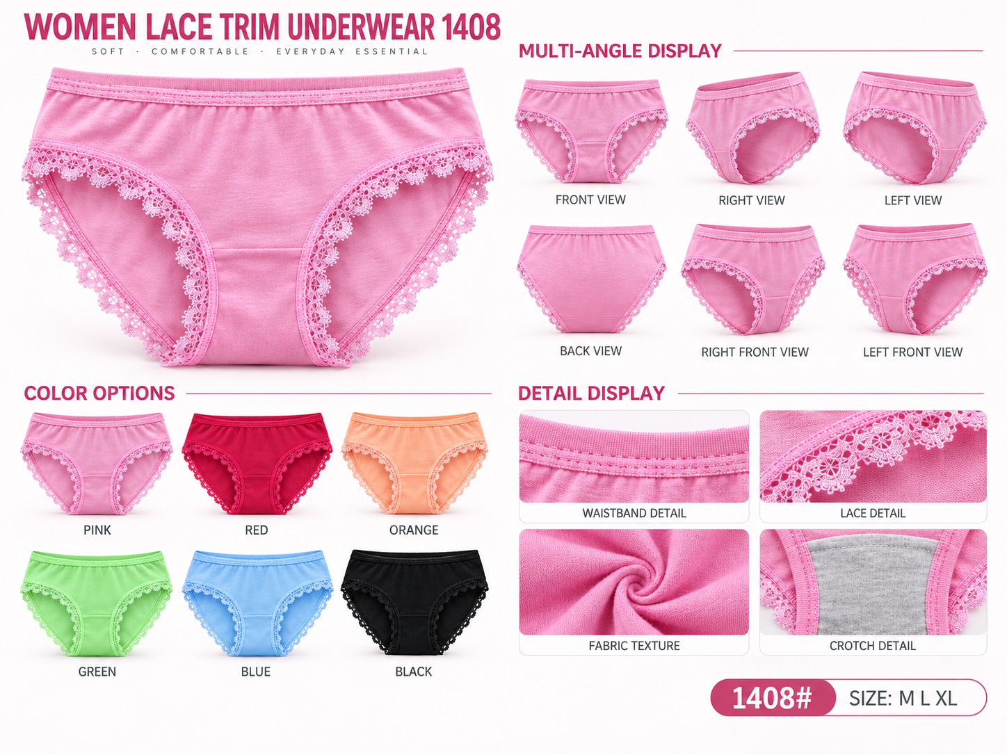 Women Lace Trim Underwear 1408