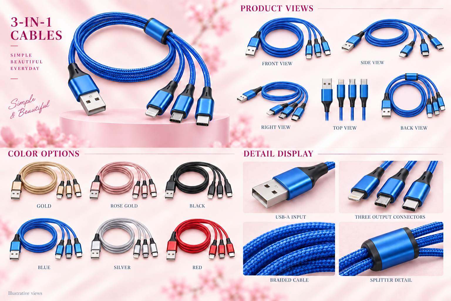 3-in-1 Braided Data Cable Assorted Colors