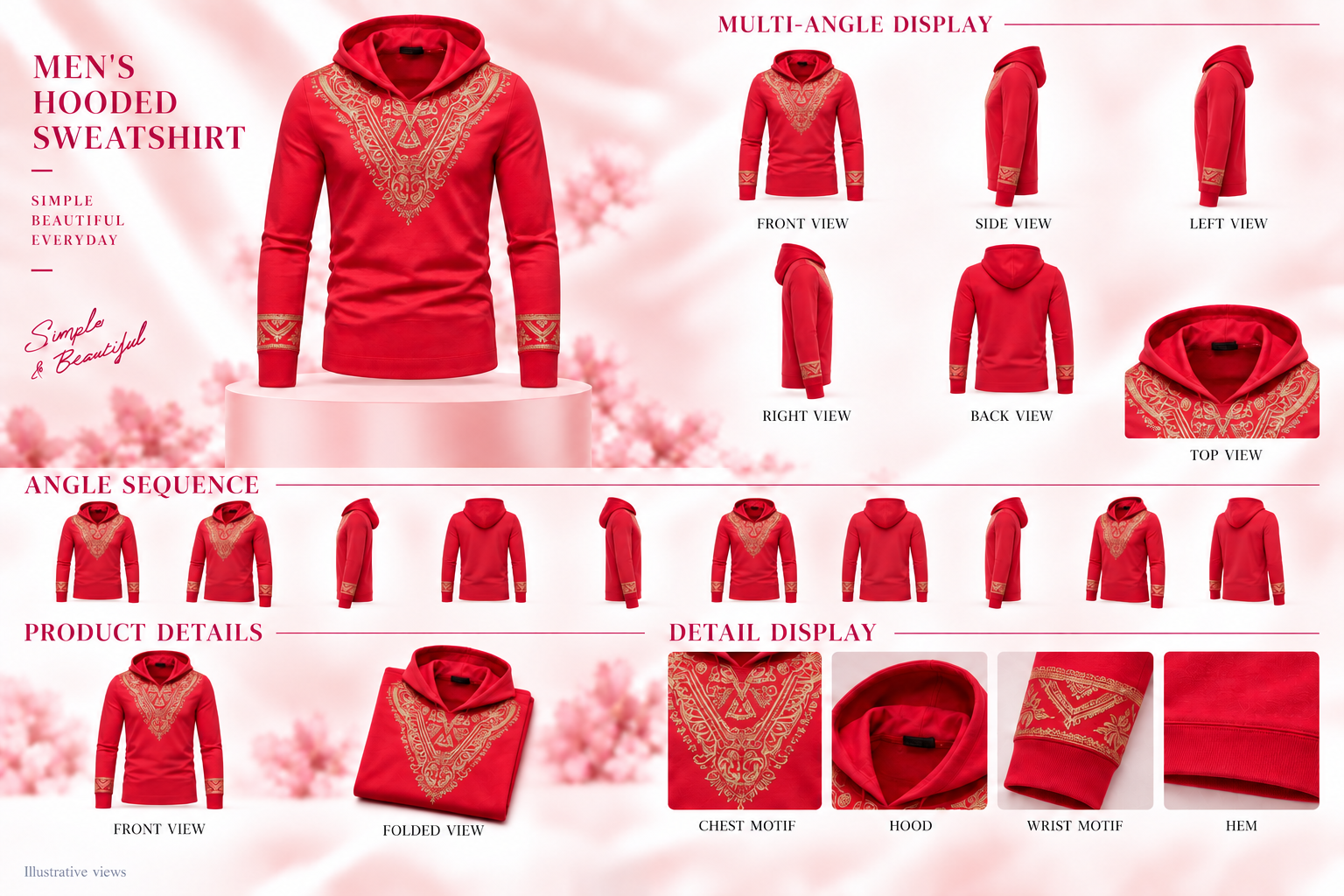 Men's Ethnic Style Hot-stamped Hooded Sweatshirt - Red