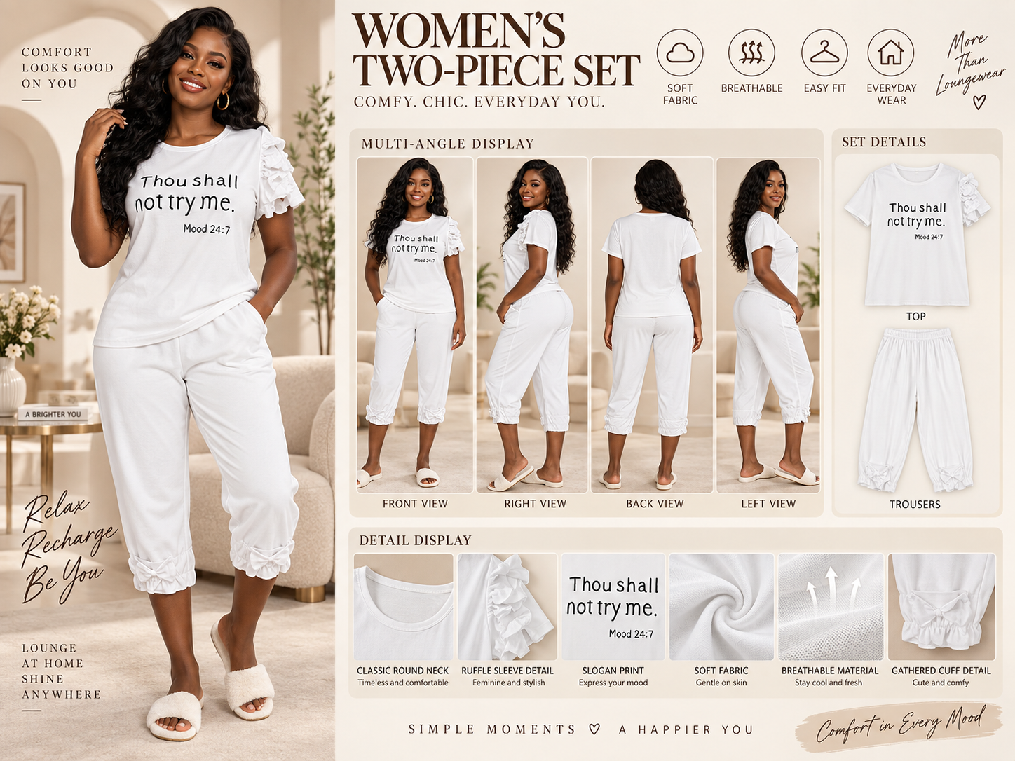 Women's Letter T-shirt and Cropped Pants Set - White