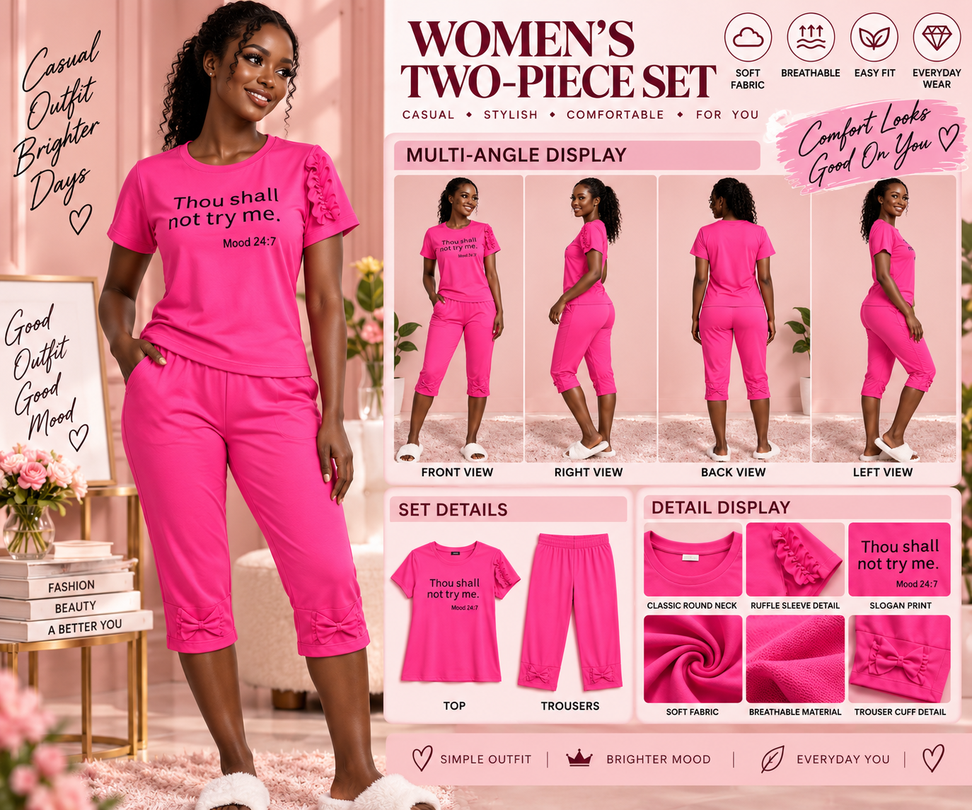 Women's Letter T-shirt and Cropped Pants Set - Rose Red