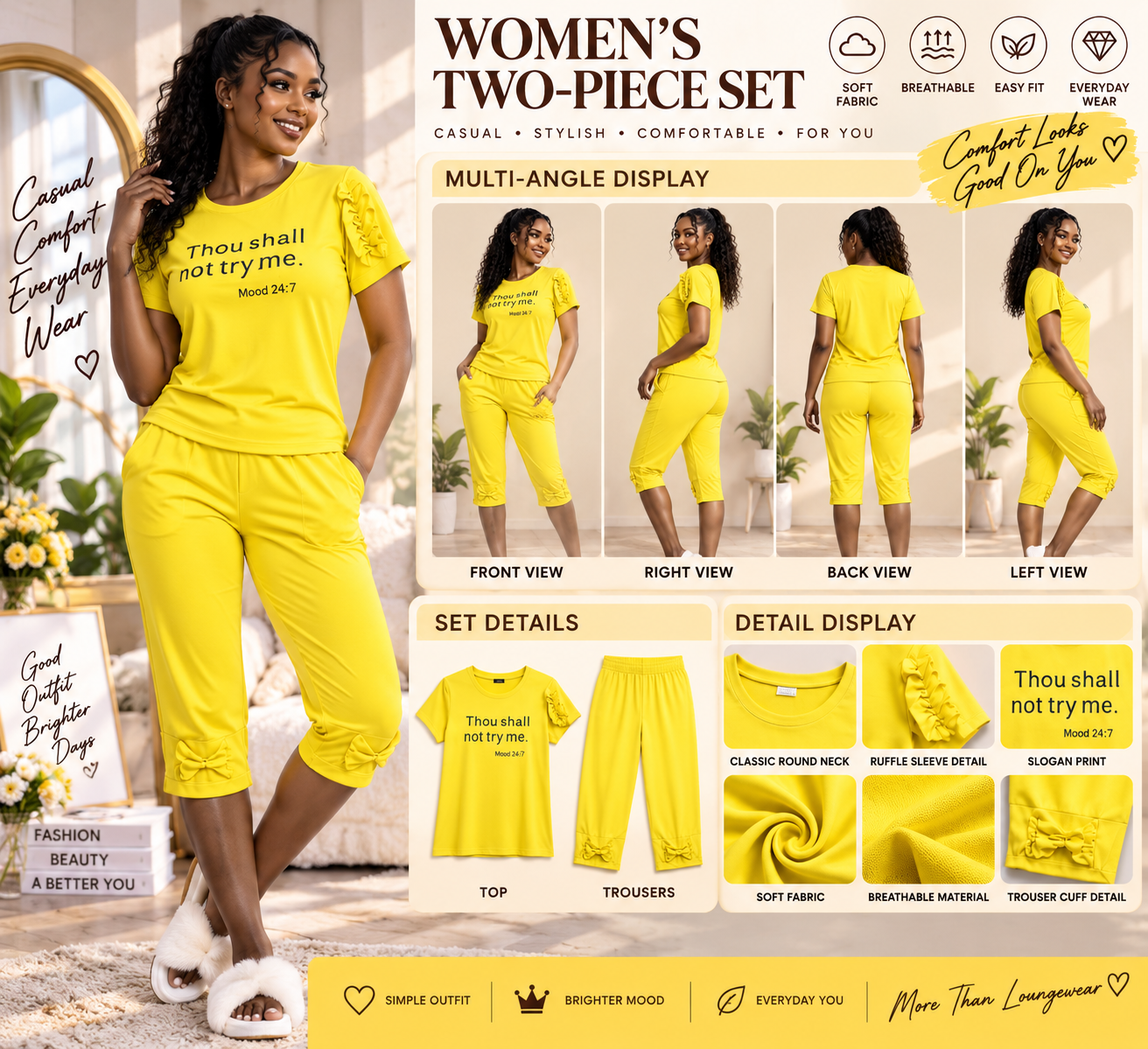 Women's Letter T-shirt and Cropped Pants Set - Yellow
