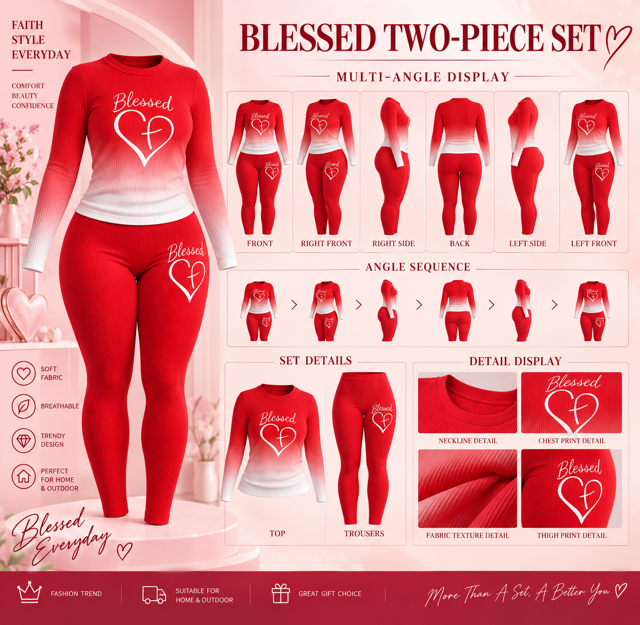Women's Ribbed Blessed Two-piece Set - Red