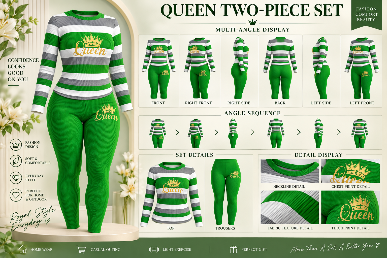 Women's Striped Queen Two-piece Set - Green