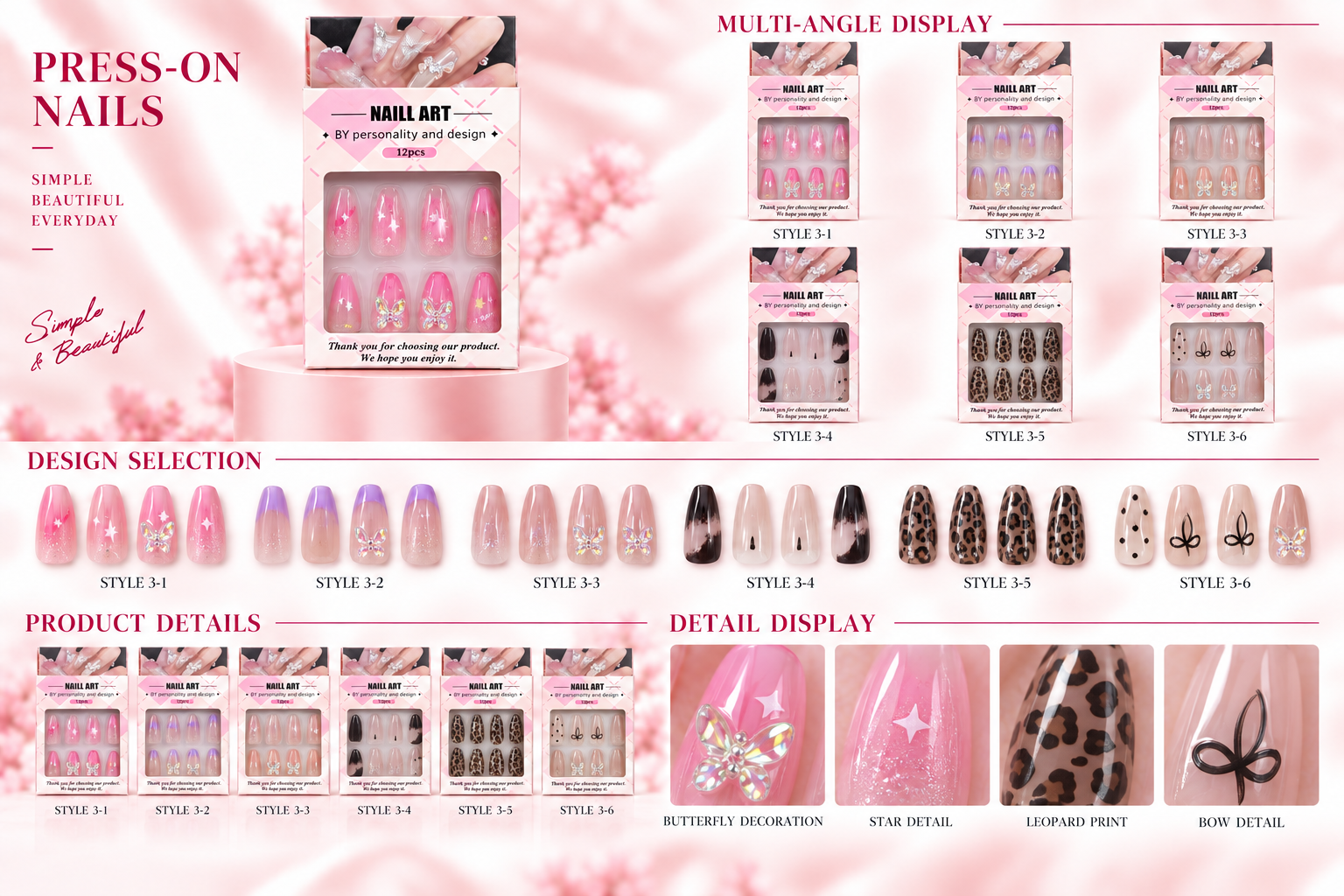 Boxed Press-on Nails Assorted Styles 12 pcs
